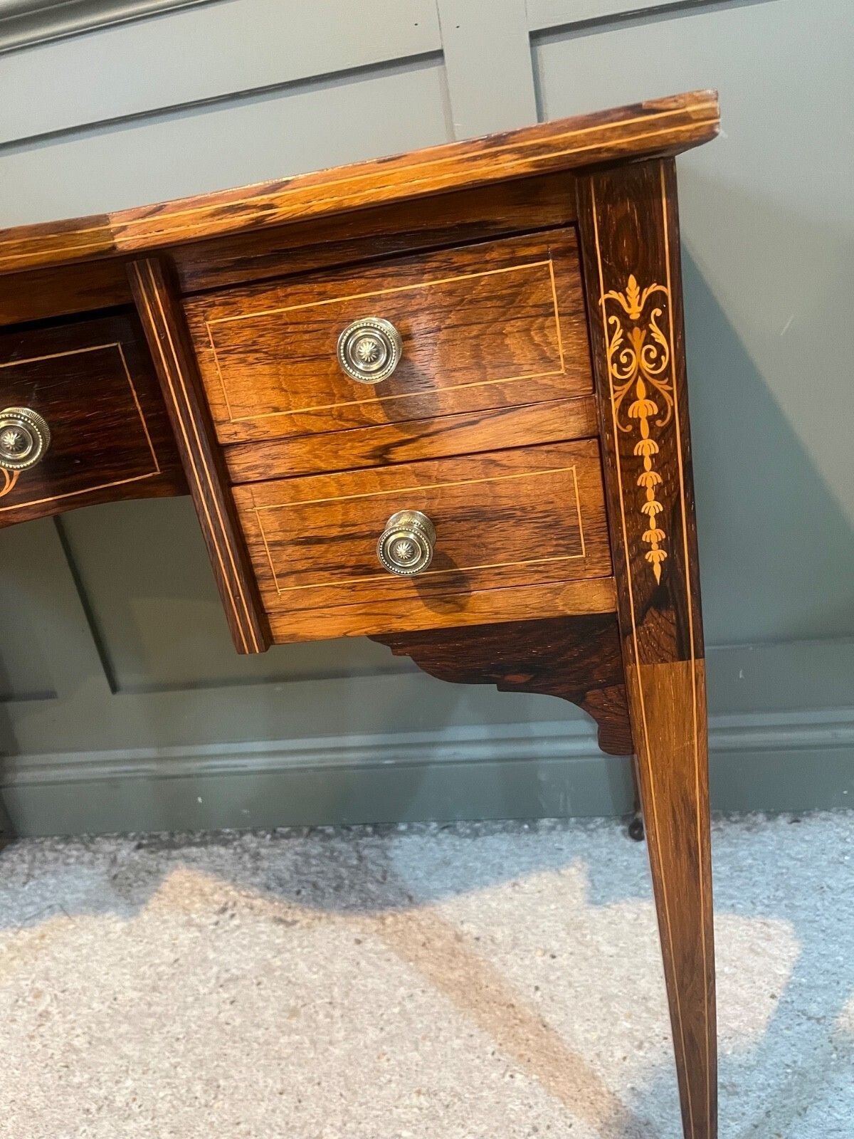 595.0 Antique Desk /Writing Desk Red Leather Top Inlaid Rosewood Mid 1800’s photo