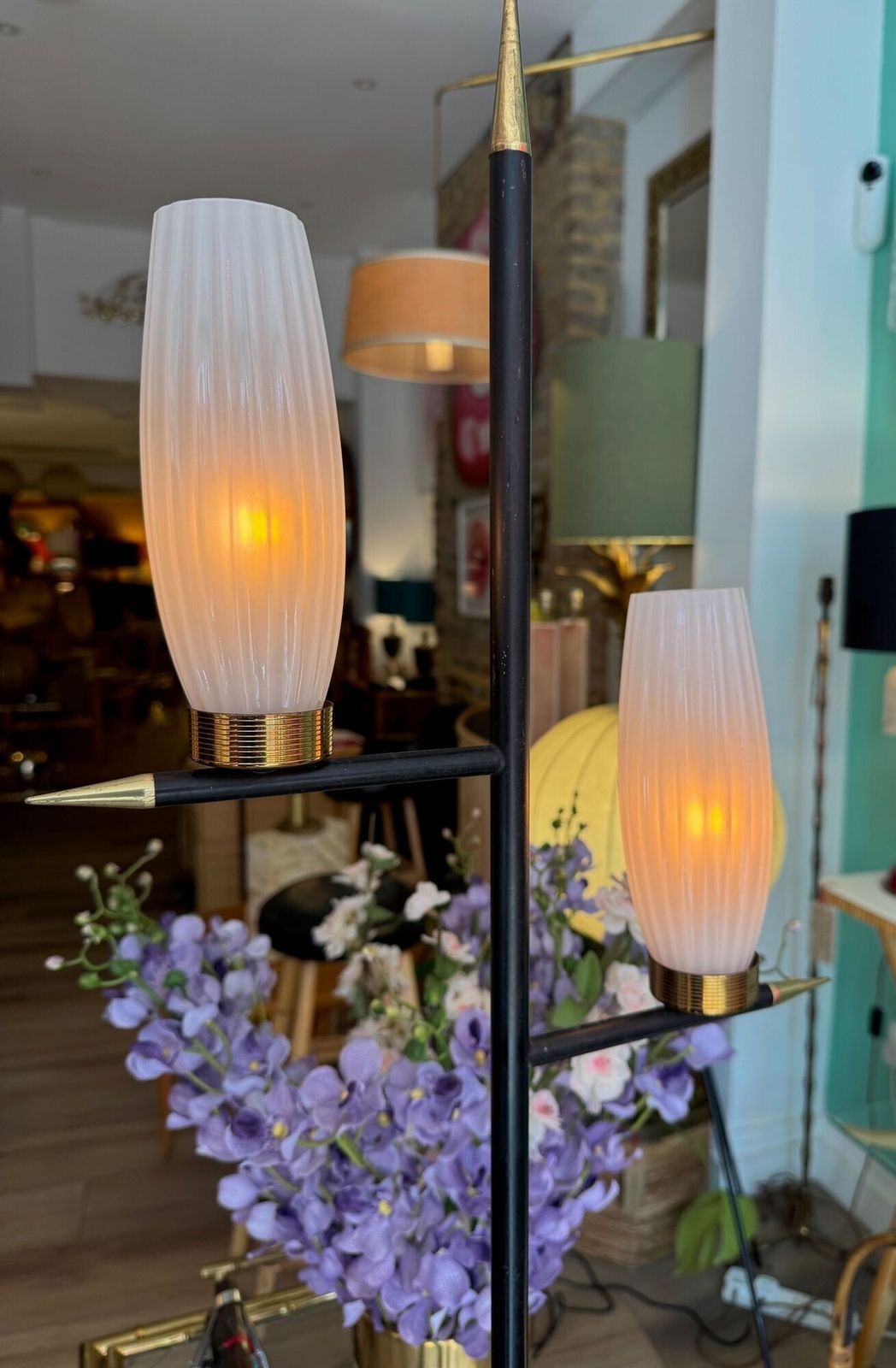 An Italian 1960s Black Lacquer And Brass Floor Lamp With Opaline Glass Shades photo for sale