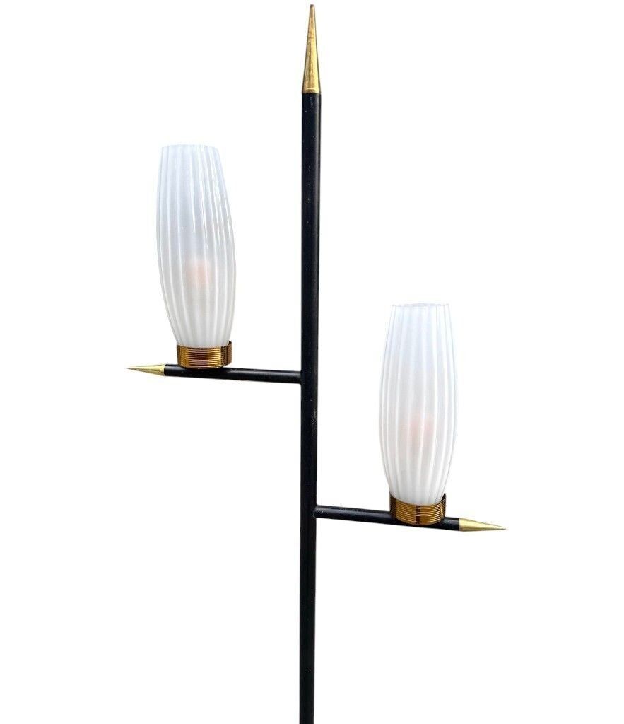 Lighting An Italian 1960s Black Lacquer And Brass Floor Lamp With Opaline Glass Shades photo
