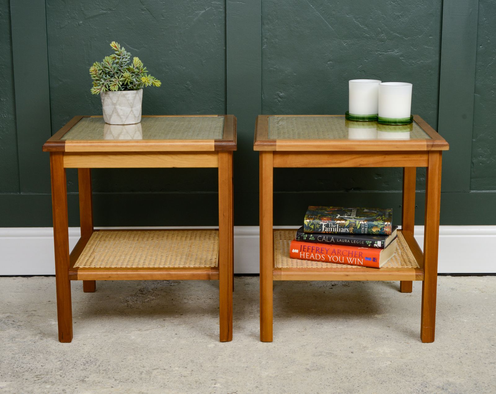 Pair Cane Rattan Side End Tables   Glass Tops   Hardwood photo Furniture