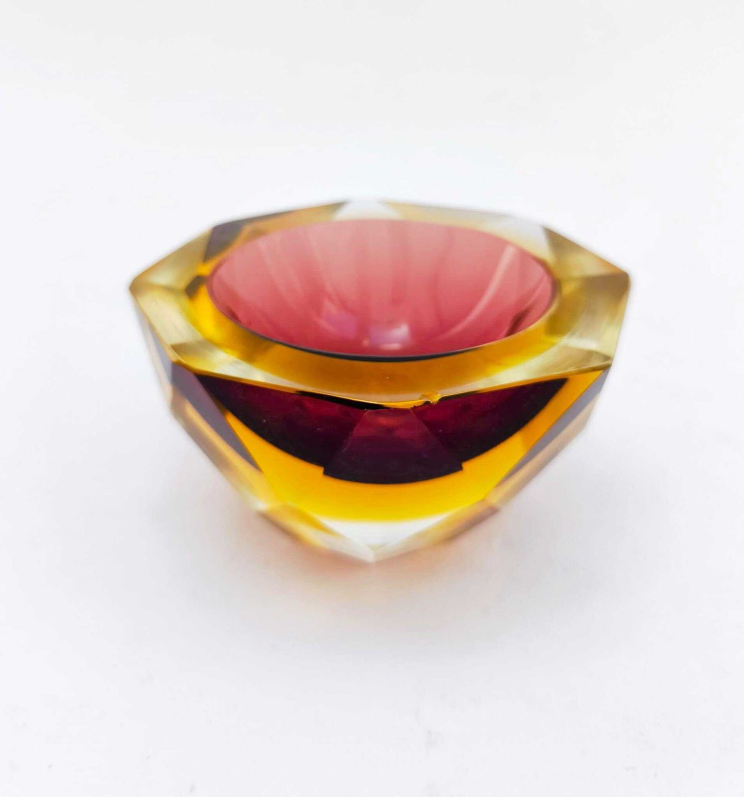 Vintage Murano Glass Bowl, Submerged, Designed By Poli Mandruzzato, Yellow And Burgundy, From The 1970s.