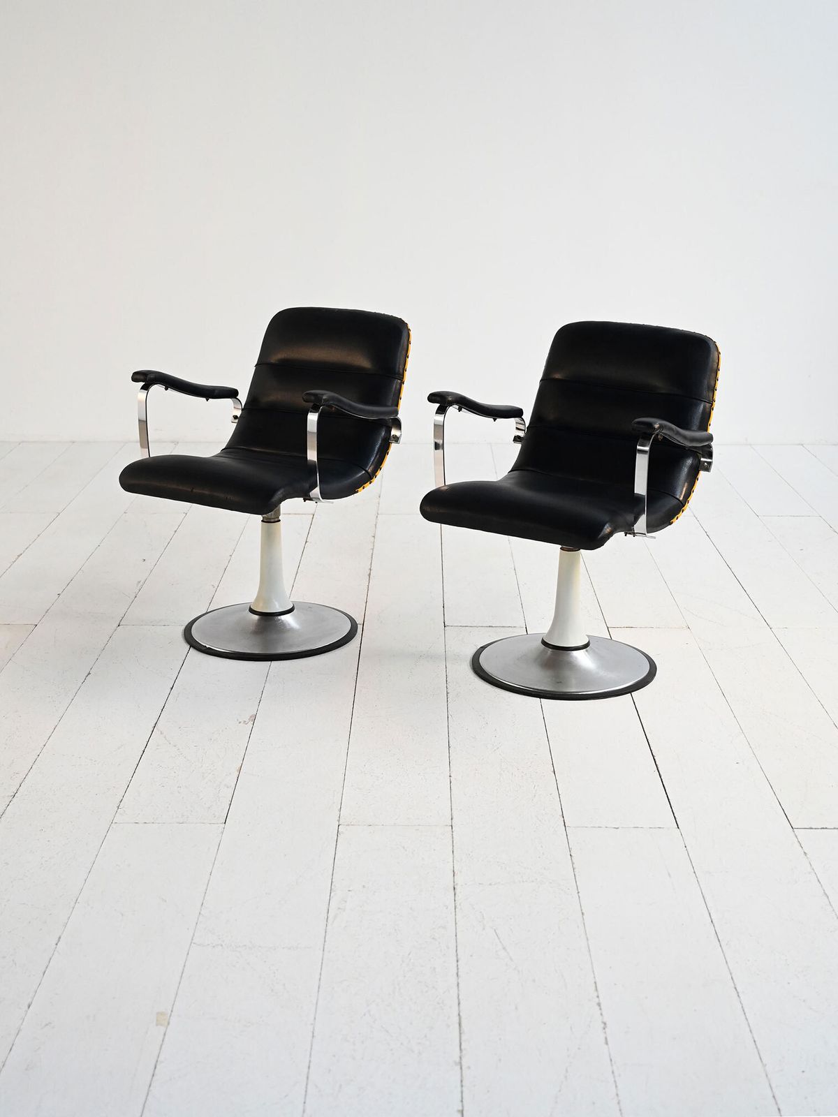 Pair Of European 1970s Swivel Armchairs In Faux Leather And Steel photo furniture