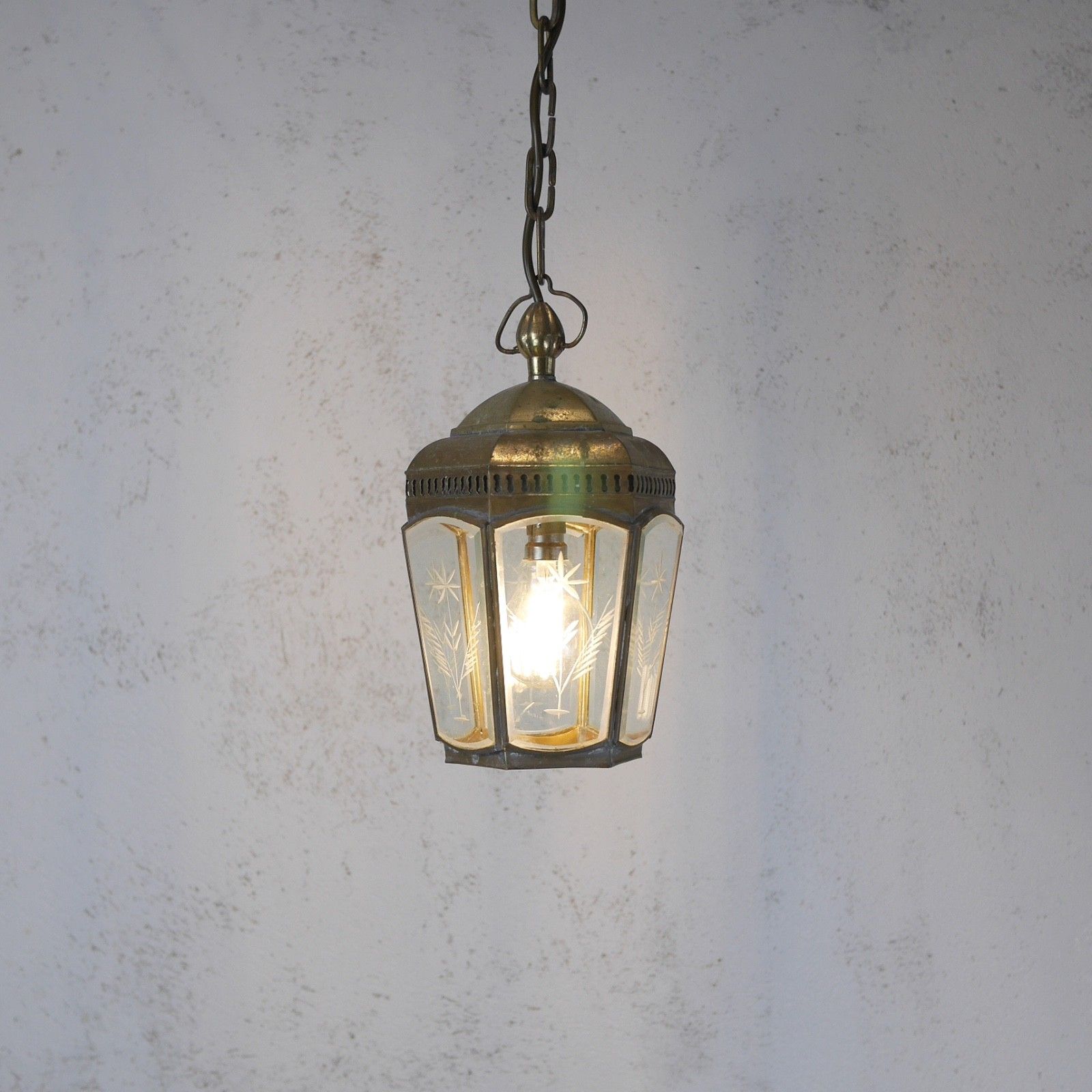 Vintage Brass Etched Glass Hall Light Lantern Pendent Hexagonal Antique #103185 photo furniture
