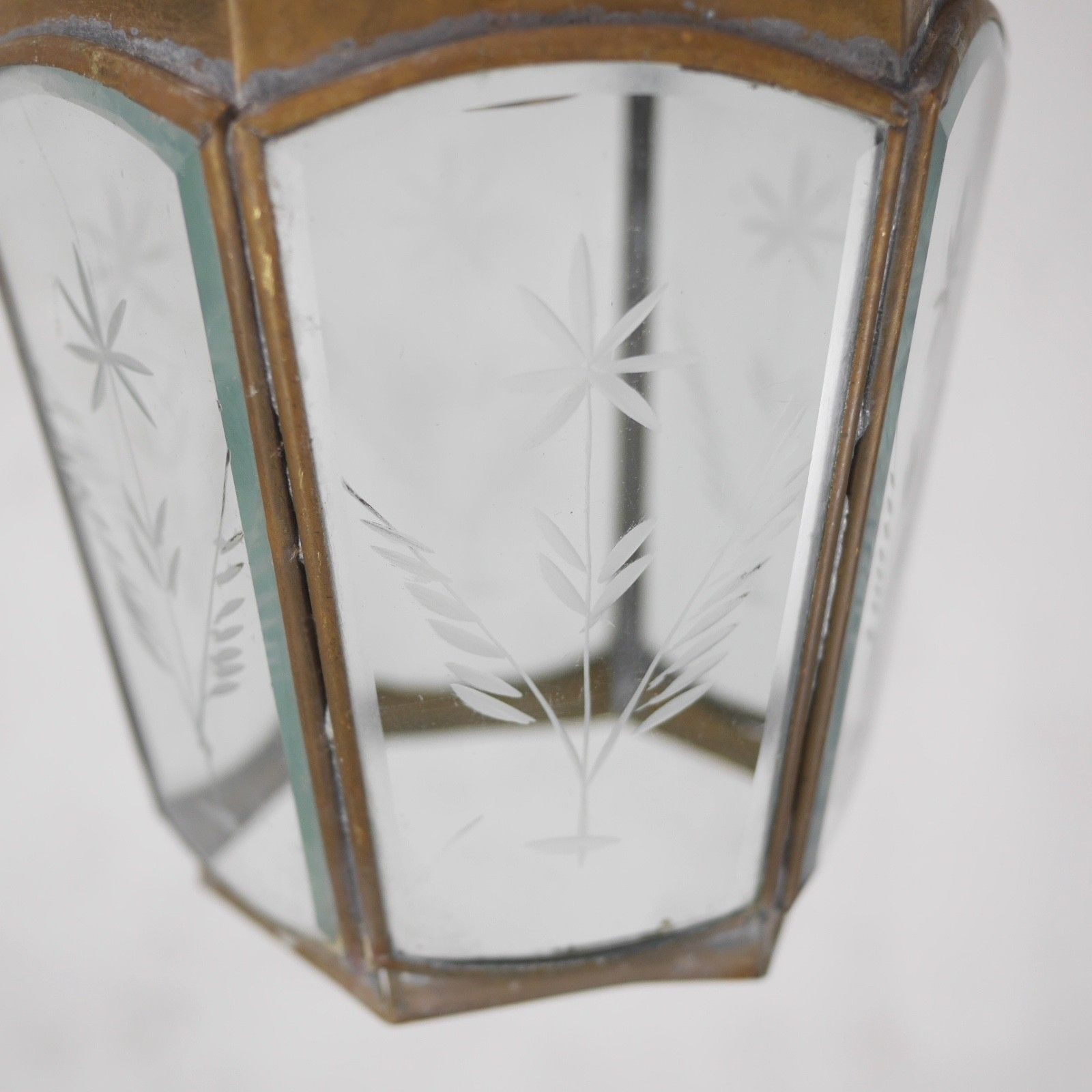 175.0 Vintage Brass Etched Glass Hall Light Lantern Pendent Hexagonal Antique #103185 photo