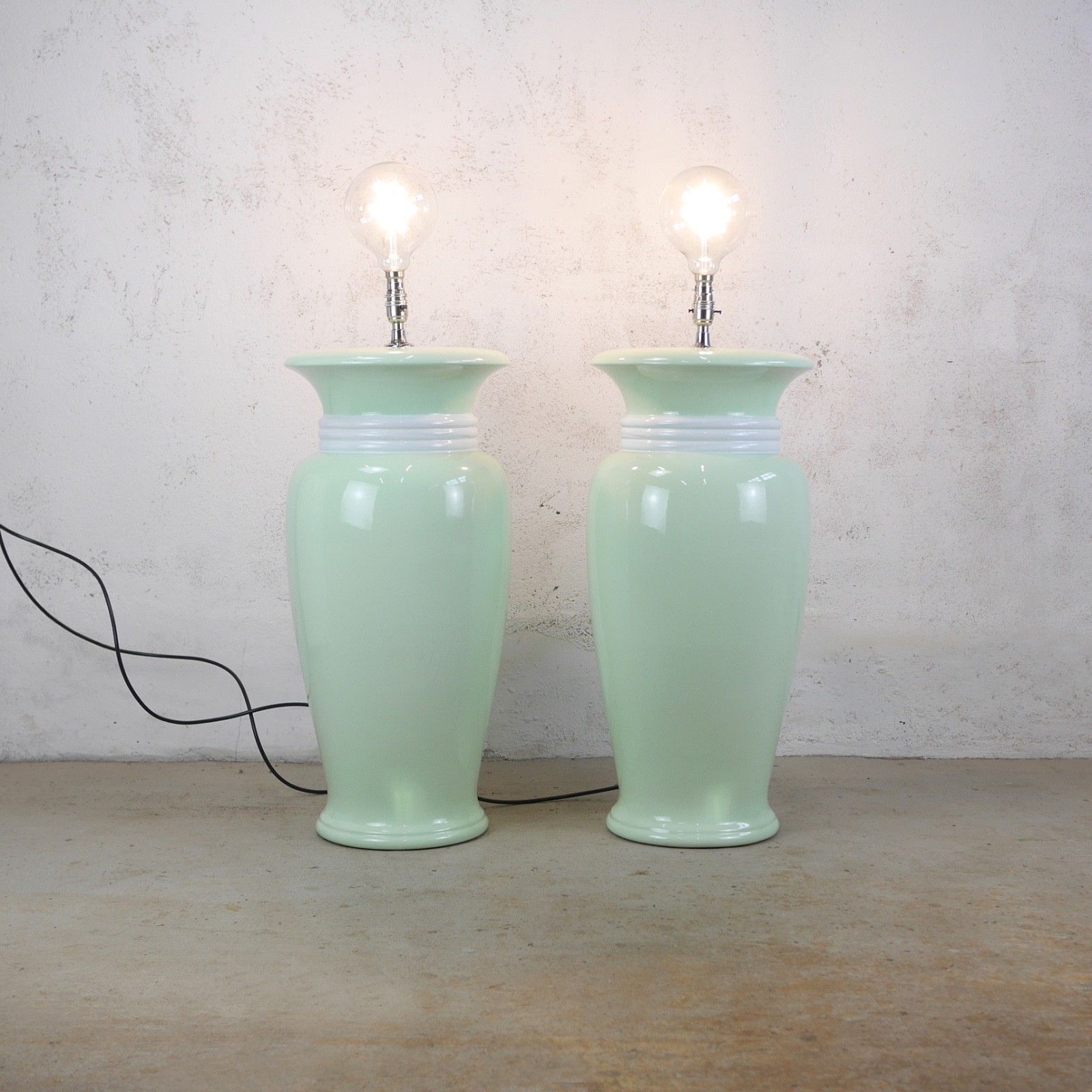 Pair Colossal Mint Green Art Deco Hollywood Regency Ceramic Lights Lamps #102268 photo for sale