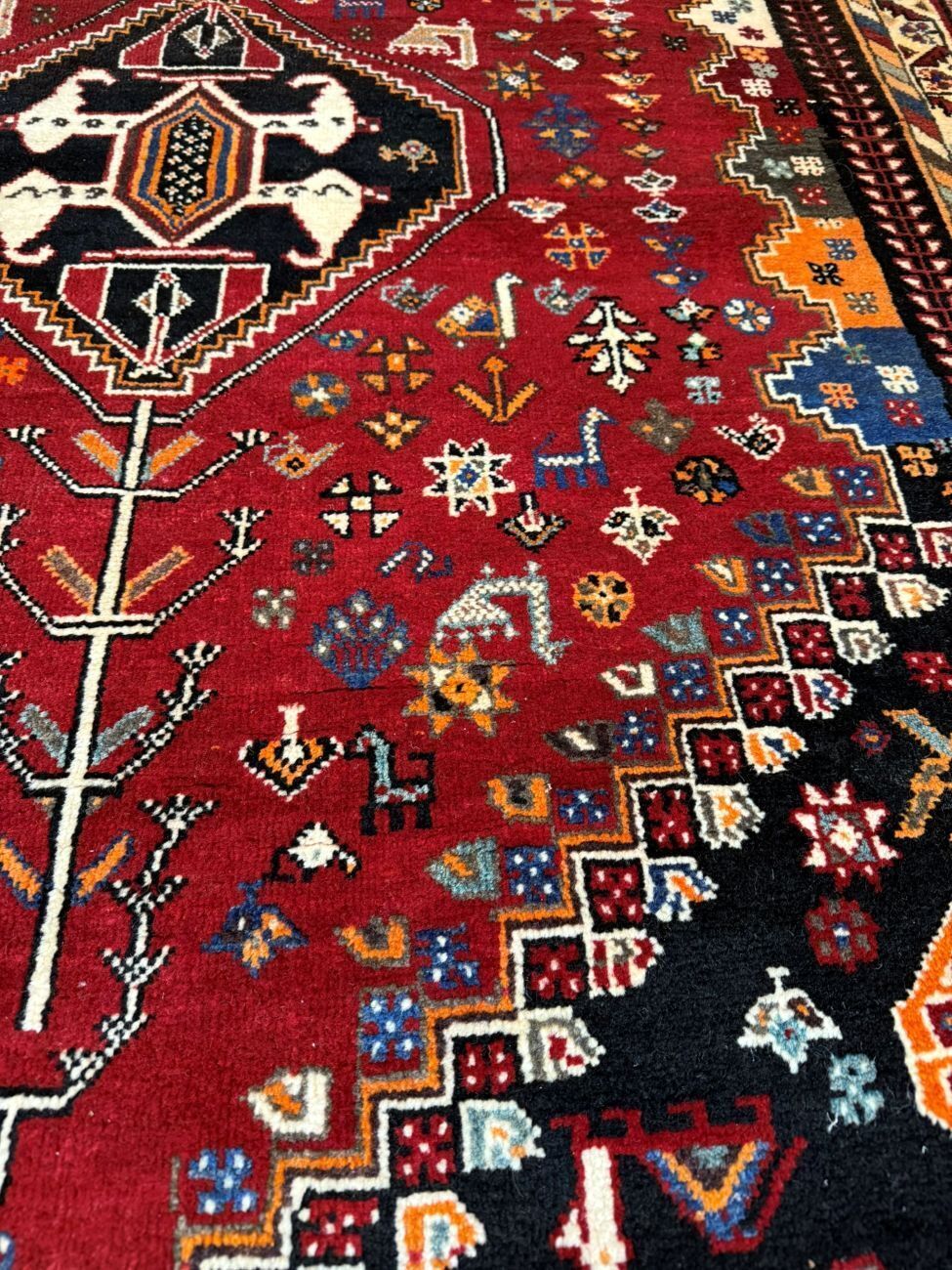 Vintage Qashqai Geometric Hand Knotted Wool Rug Red Black Blue 175x140cm photo furniture