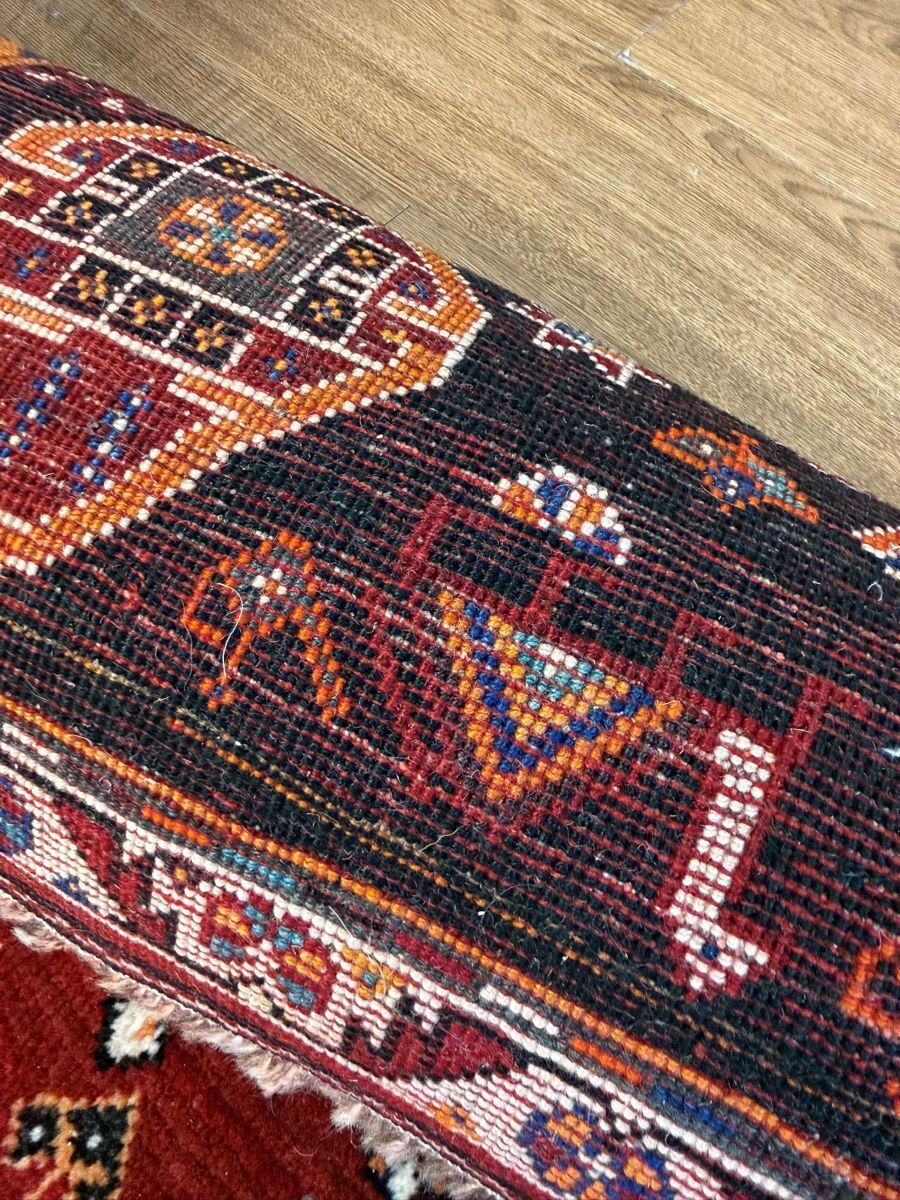 Vintage Qashqai Geometric Hand Knotted Wool Rug Red Black Blue 175x140cm photo vinterior