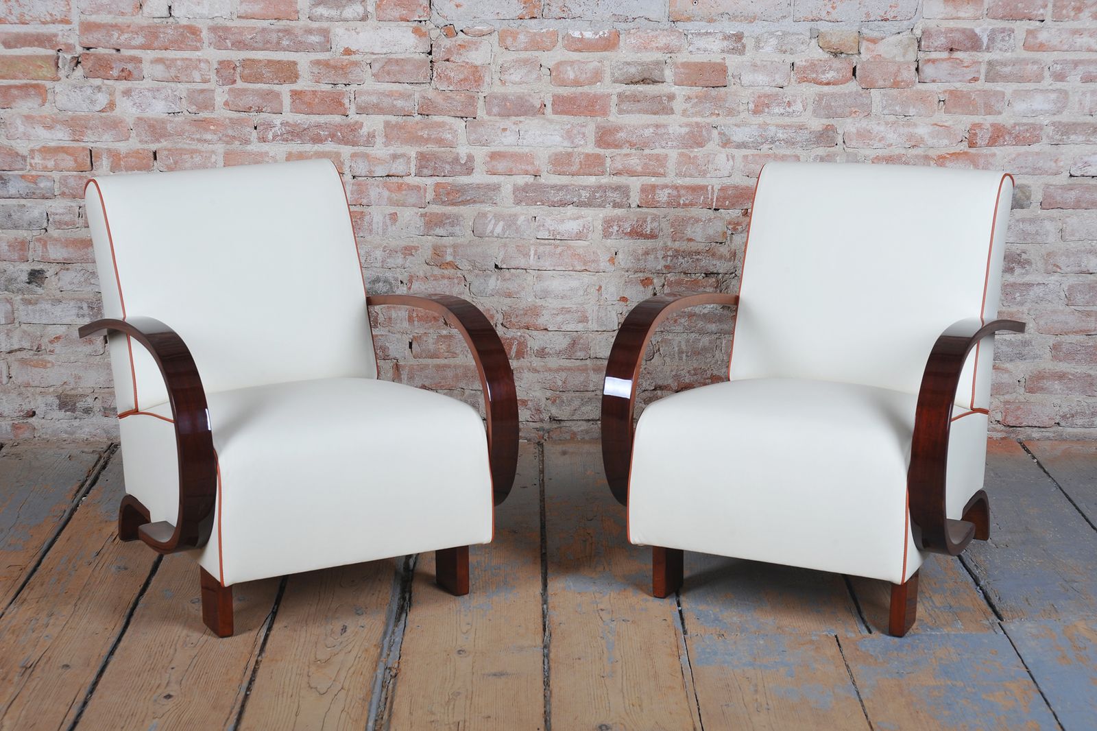 Furniture Pair Of Restored Art Deco Armchairs, Walnut, Leather, Repolished, Czech, 1930s photo
