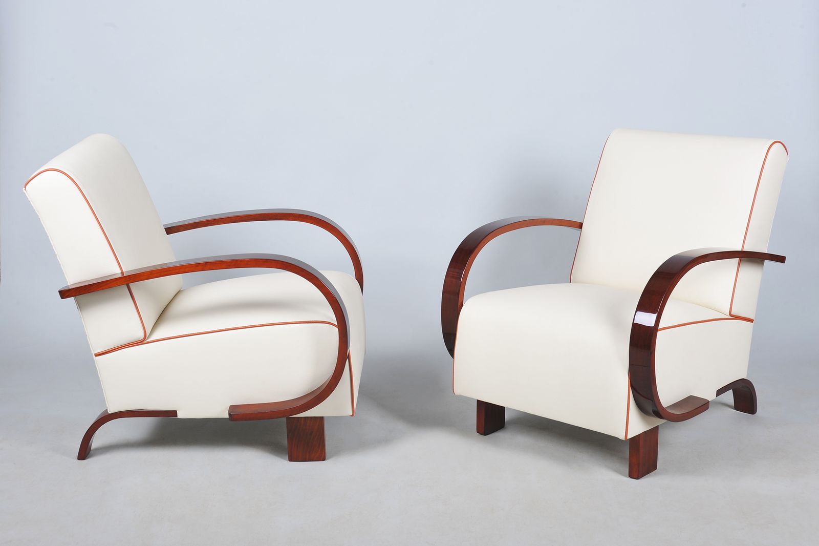 Pair Of Restored Art Deco Armchairs, Walnut, Leather, Repolished, Czech, 1930s