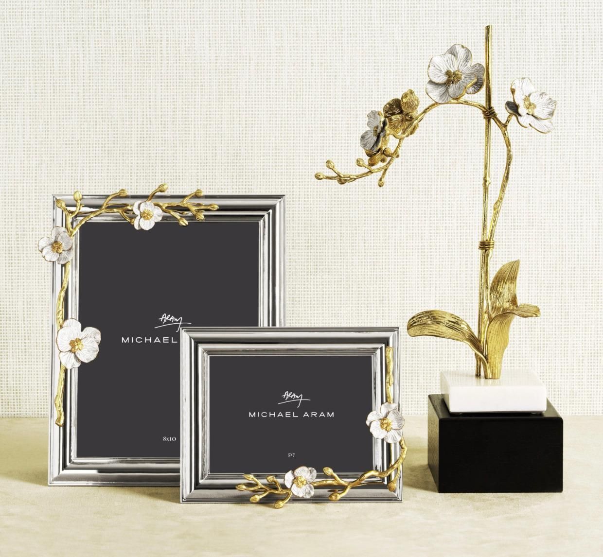 Set Of 3 Small Orchid Sculptures Brass White Enamel, Marble Base photo for sale