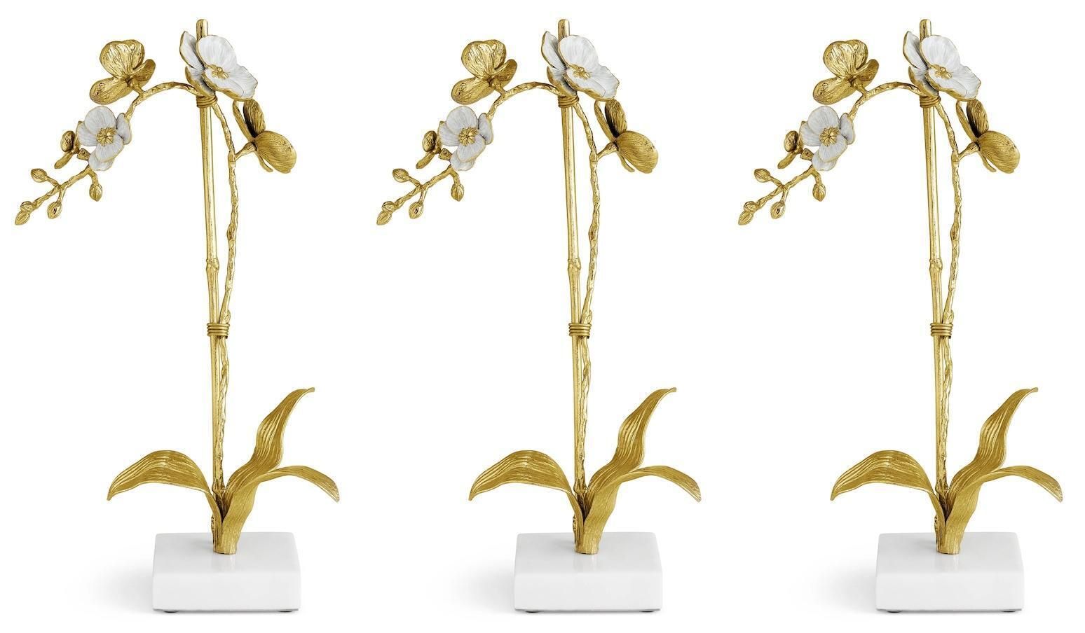 Art Set Of 3 Small Orchid Sculptures Brass White Enamel, Marble Base photo