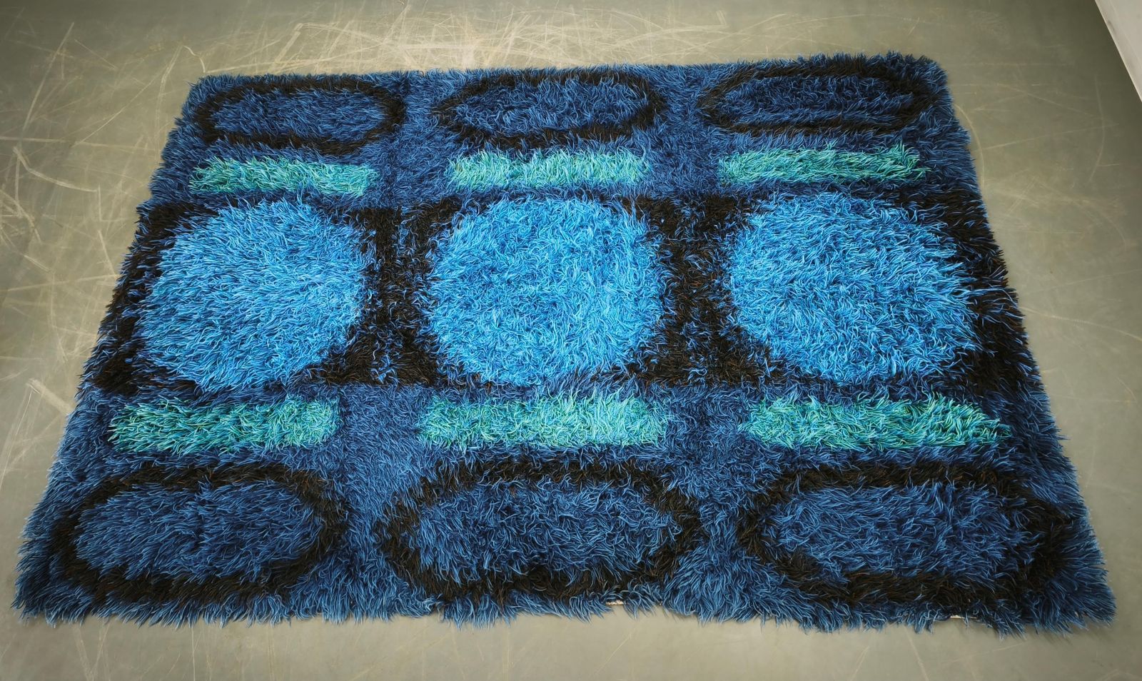 Large Danish Abstract Blue Wool Rya Rug In Ege Style photo furniture