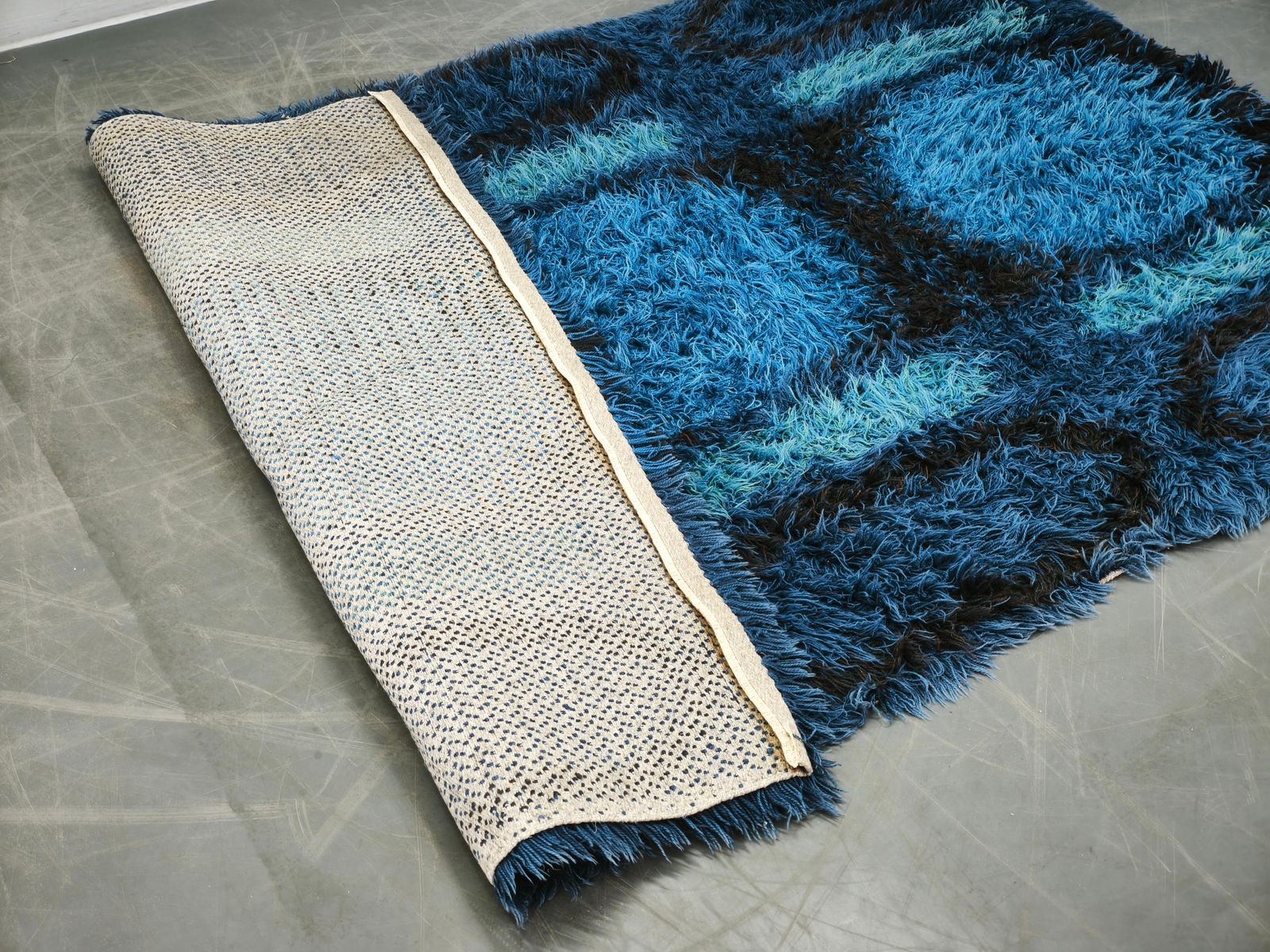 Large Danish Abstract Blue Wool Rya Rug In Ege Style photo vintage