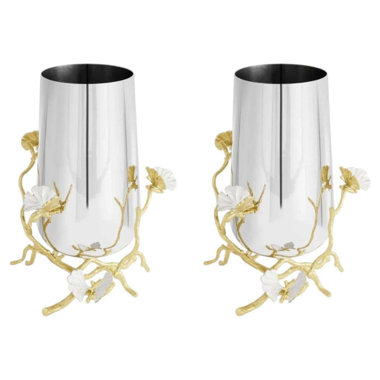 Pair Of Medium Contemporary Silver And Gold Metal Ginkgo Vase