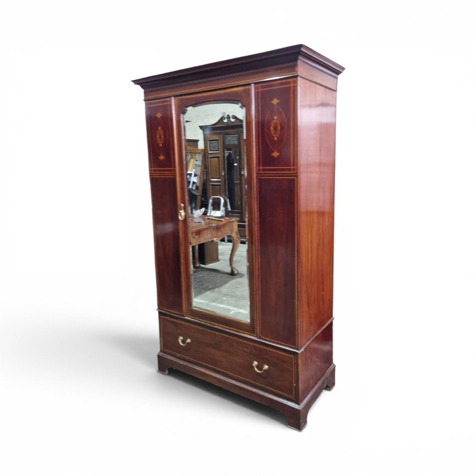 Antique Edwardian Inlaid Mahogany Wardrobe Mirrored Door Armoire With Drawer photo furniture