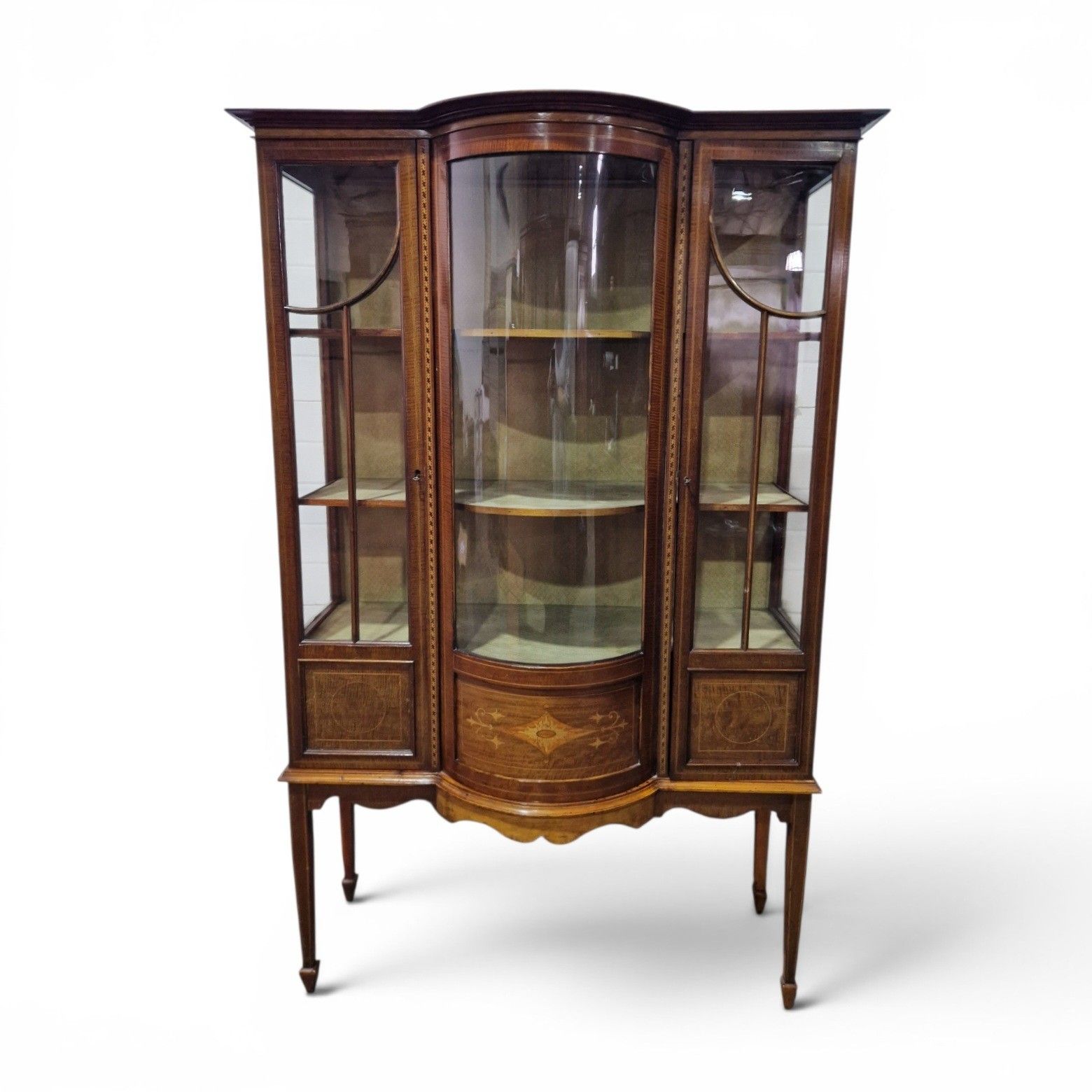 Antique Edwardian Inlaid Mahogany Display Cabinet Bow Front Glazed With Key photo furniture