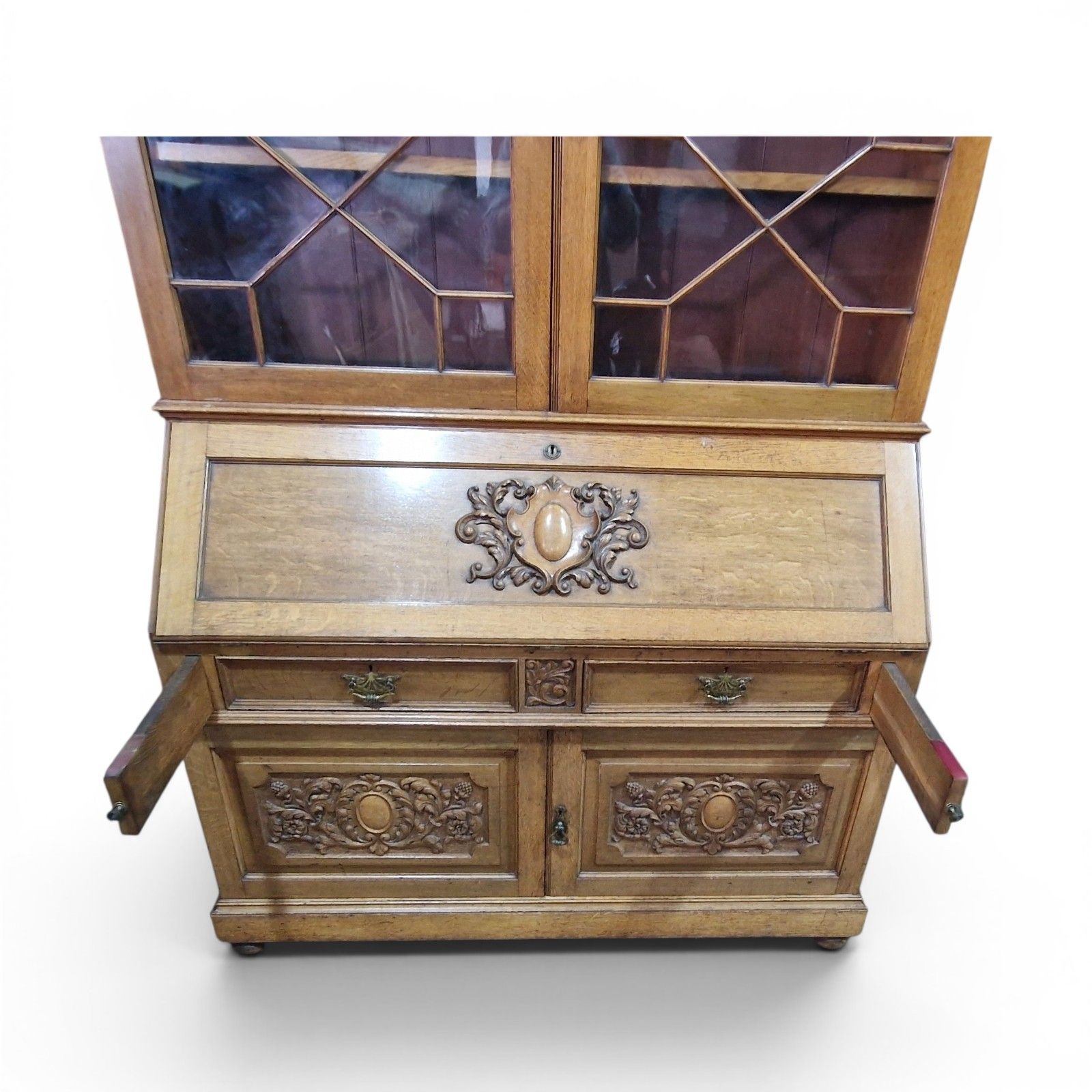 photo buy Large Oak Bureau Bookcase Display Cabinet Astragal Glazed Robson Newcastle