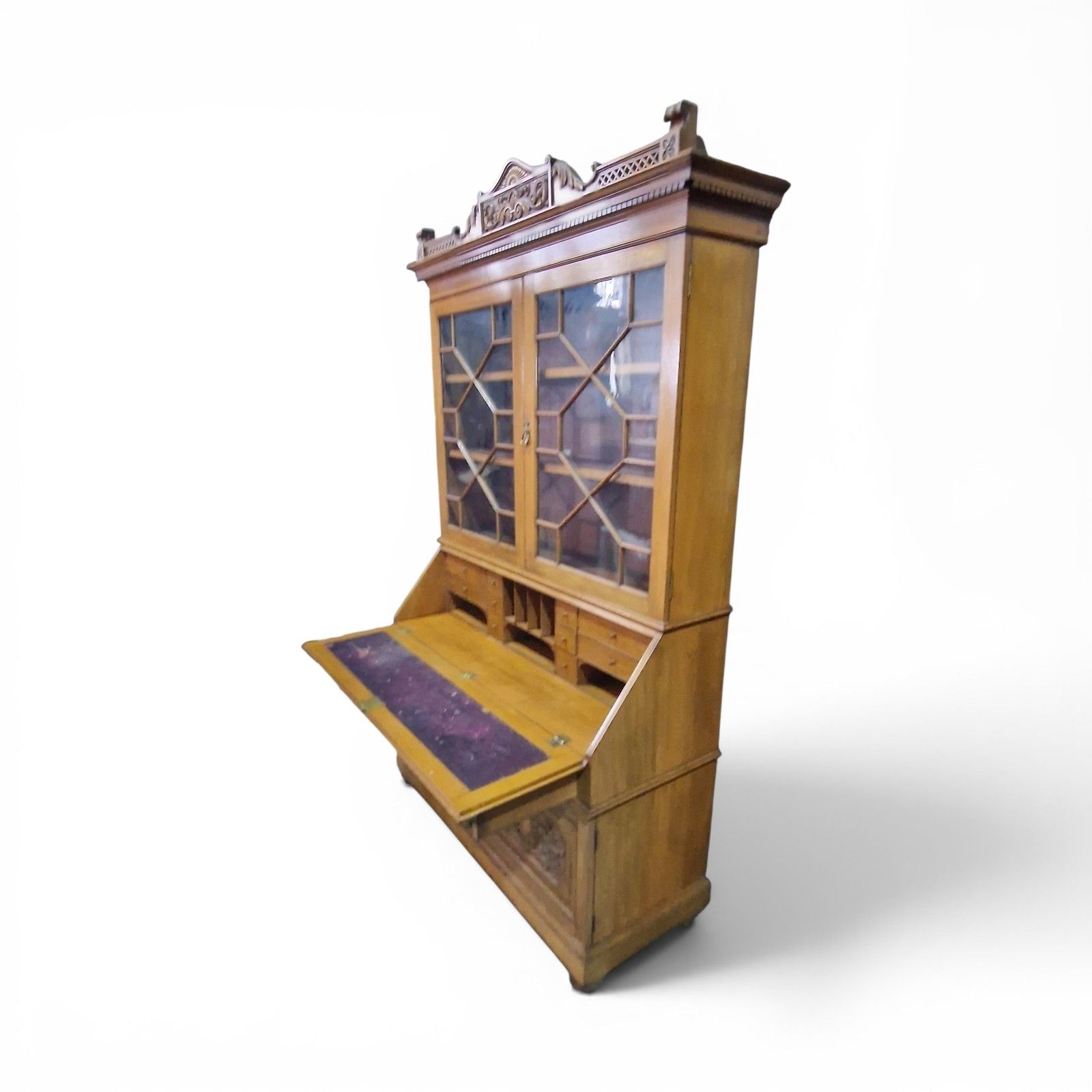 photo vintage Large Oak Bureau Bookcase Display Cabinet Astragal Glazed Robson Newcastle