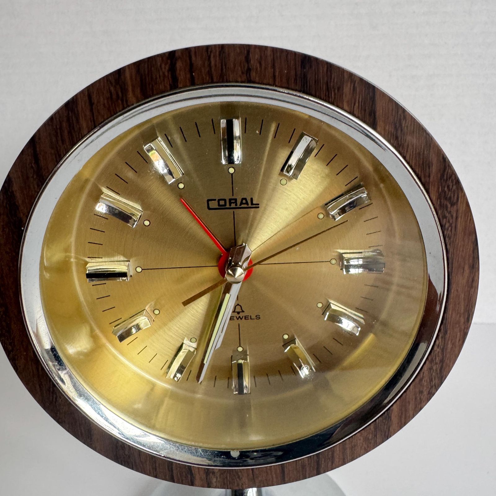 1970s Coral Space Age Tulip Pedestal Clock Mid Century Modern Japanese Alarm Clock. photo for sale