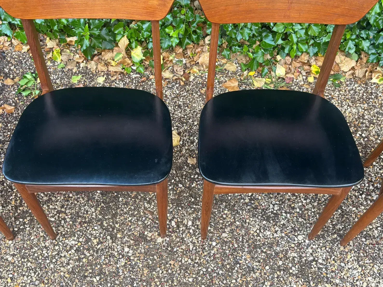 Set Of Four Mid Century Teak Vinyl Dining Chairs photo vintage