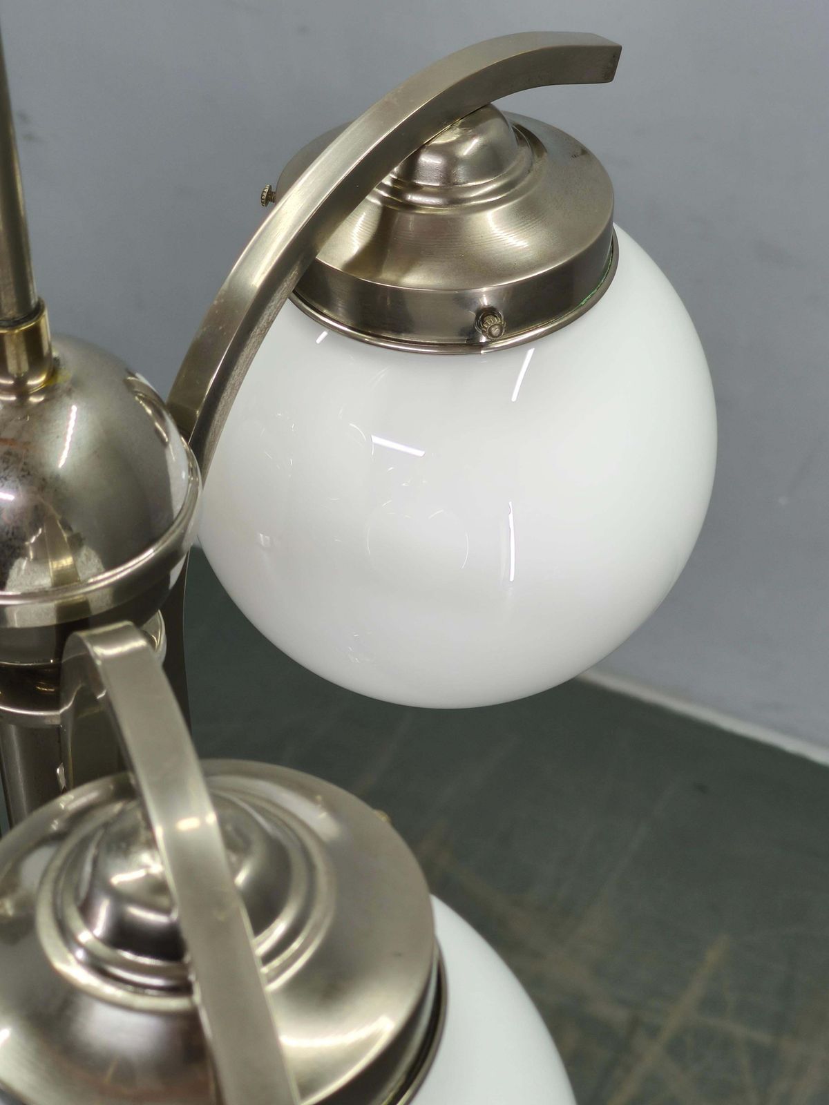 1930s Art Deco Nickel Chandelier With Opaline Glass Globes photo Lighting