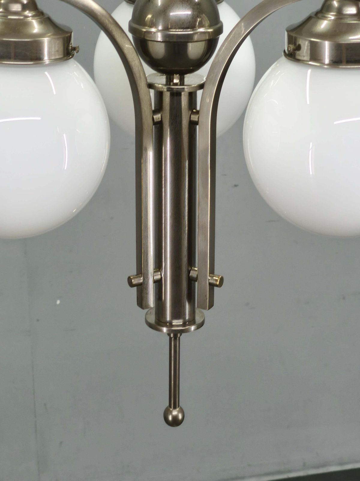 Lighting 1930s Art Deco Nickel Chandelier With Opaline Glass Globes photo
