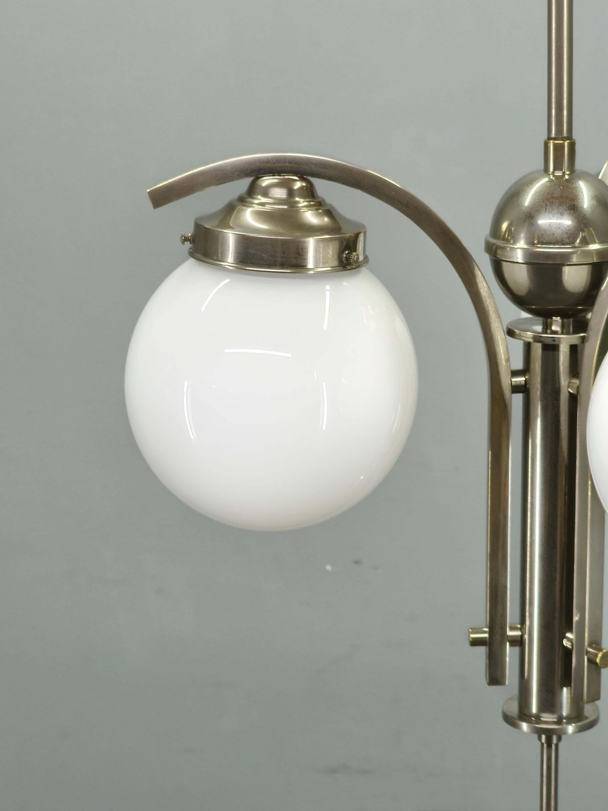 1195.0 1930s Art Deco Nickel Chandelier With Opaline Glass Globes photo
