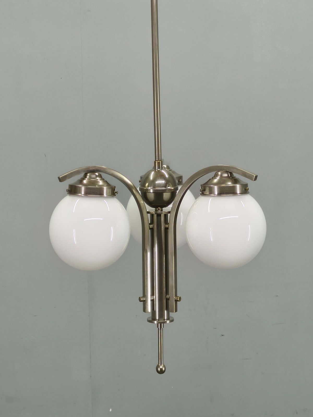 photo vinterior 1930s Art Deco Nickel Chandelier With Opaline Glass Globes