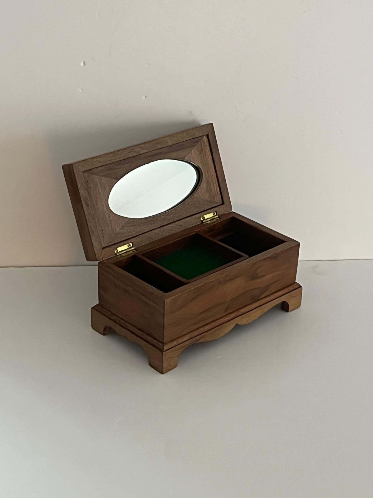 Art Deco Jewelry Box With Marquetry Top And Oval Mirror, Circa 1925 photo for sale