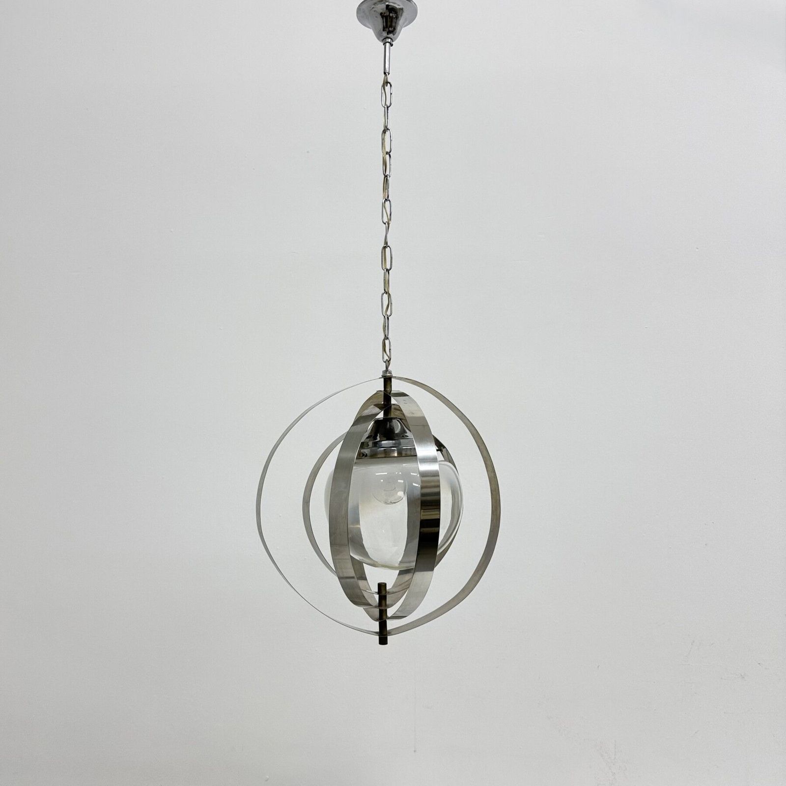 Mid Century Glass Sphere Hanging Pendant Glass Lamp Design 1970’s Space Age Italy photo for sale