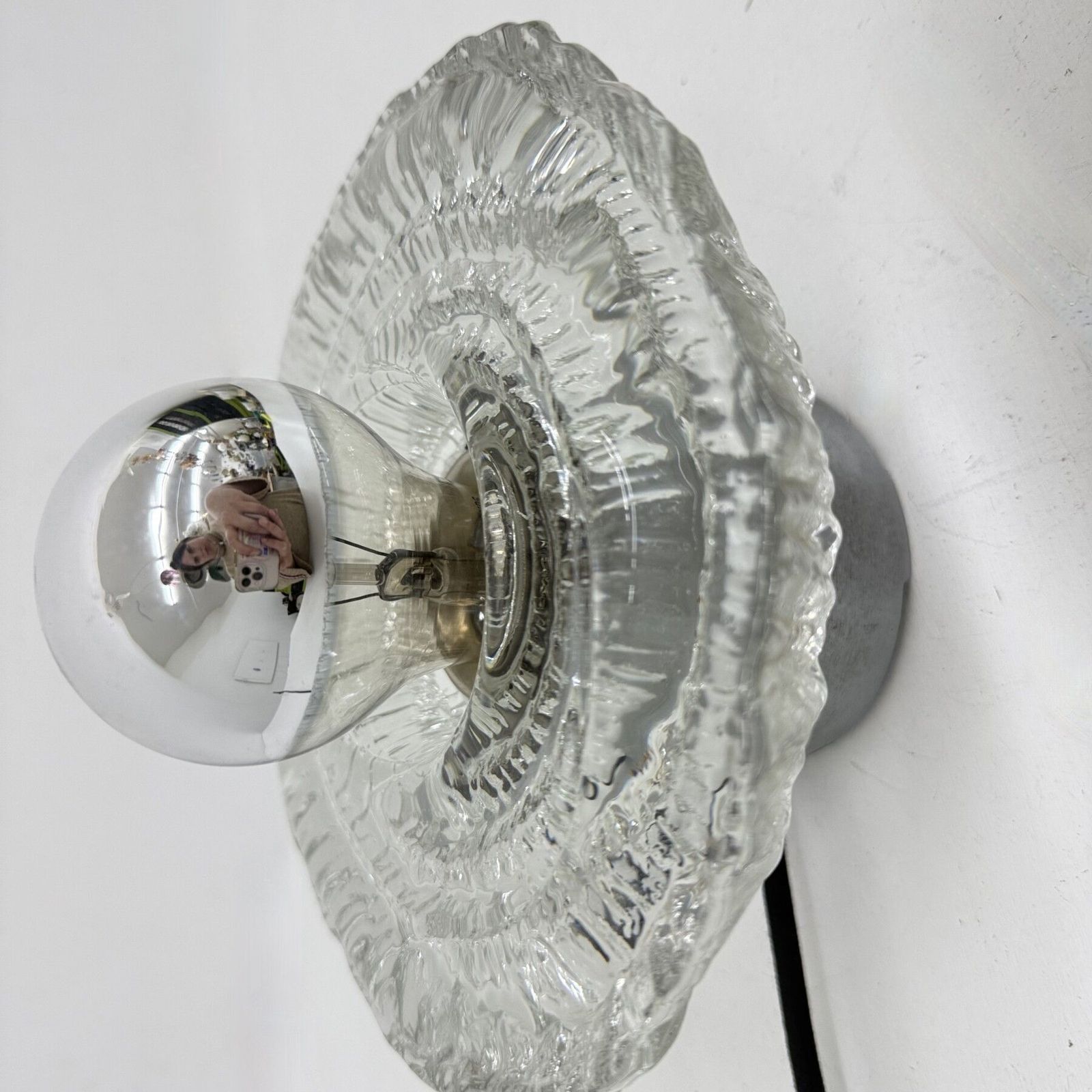 photo for sale Thick Structured Ice Glass Wall Light Flush Mount By Peill & Putzler , 1970s