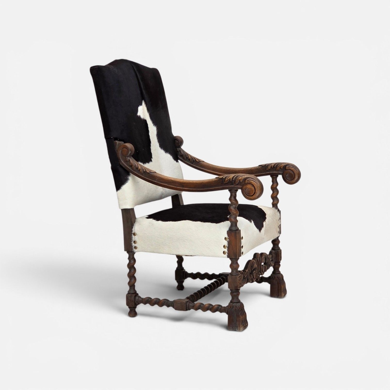 1950s, Danish Highback Armchair, Genuine Cowhide, Oak Wood.