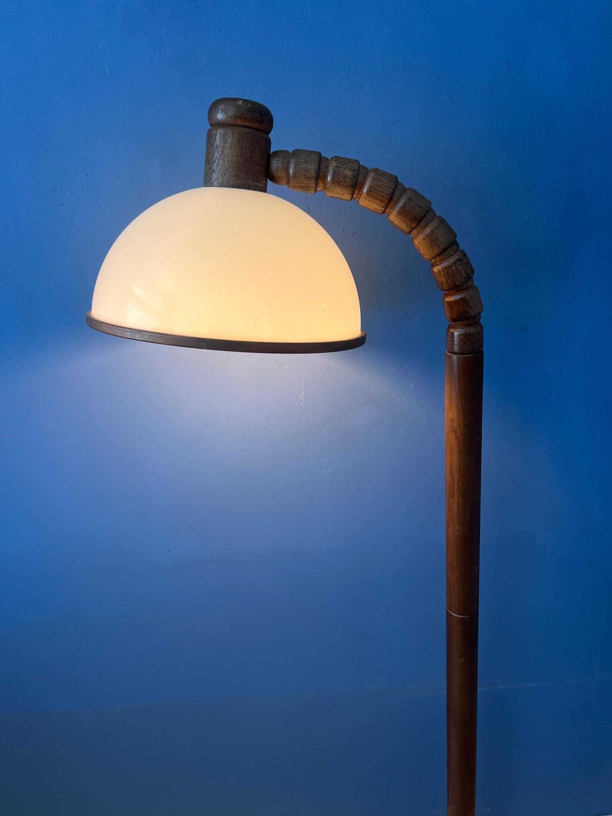 Mid Century Brown Wooden Steinhauer Floor Lamp With Acrylic Glass Shade photo for sale