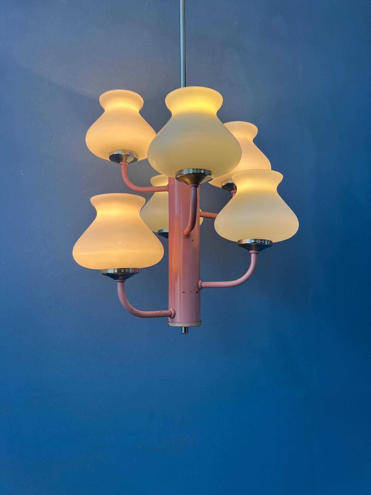 Mid Century White Opaline Glass Chandelier With Pink Frame