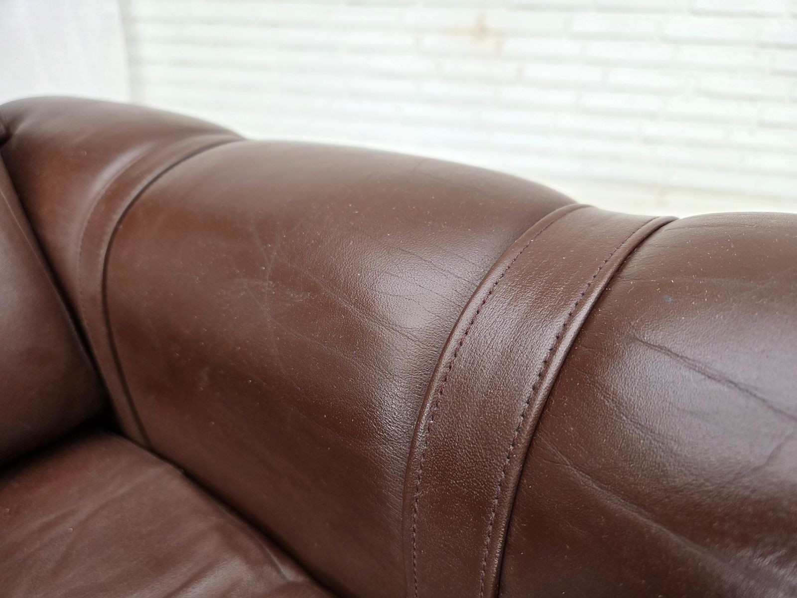 1970s, Danish Armchair, Original Brown Furniture Leather. photo vintage