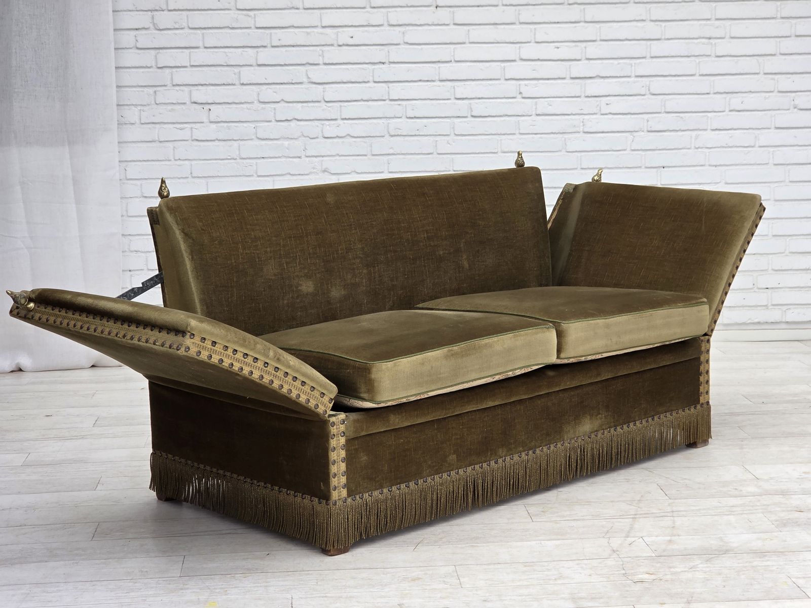 photo for sale 1970s, Danish 2 Seater "Spanish" Drop Arm Sofa, Furniture Velour.