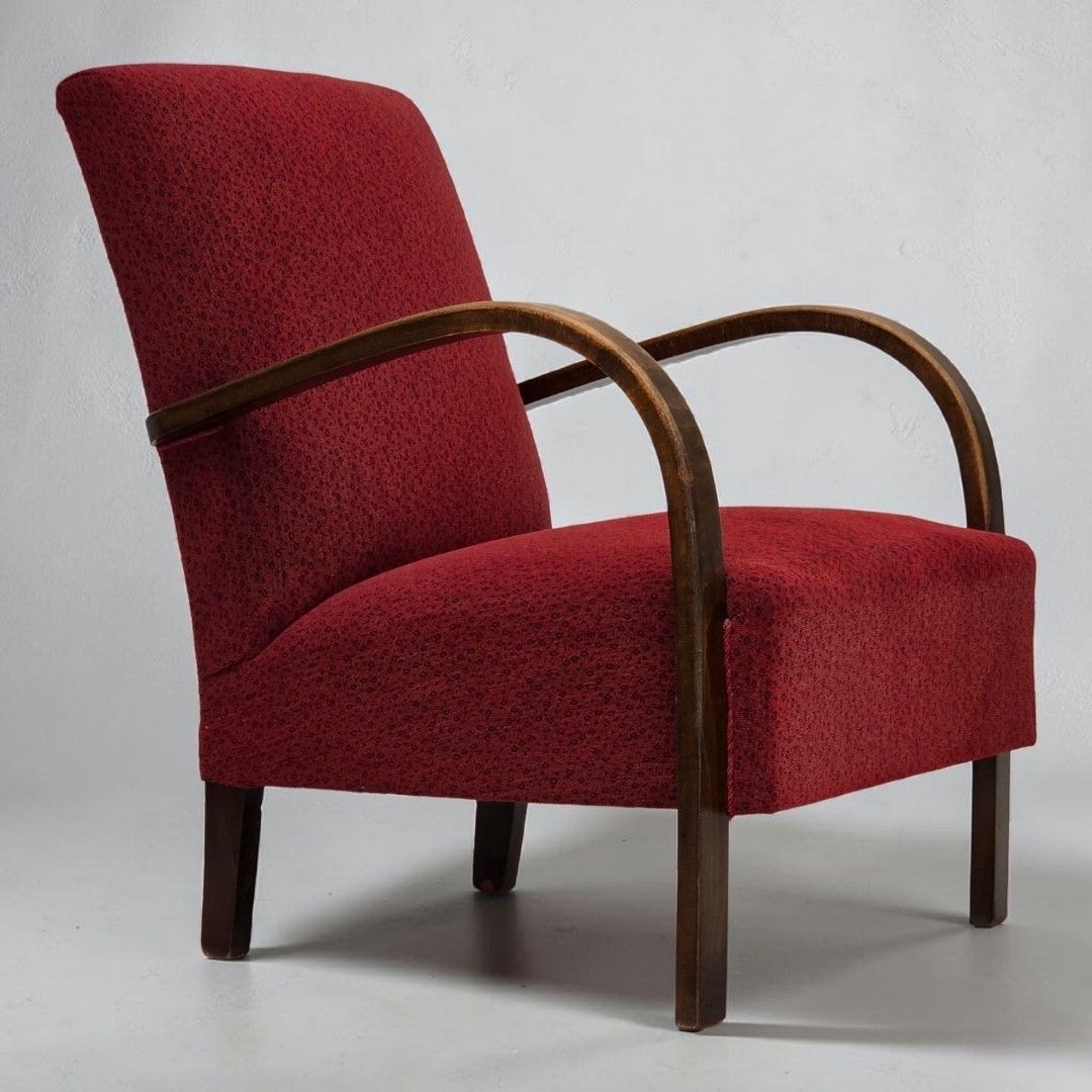 1950s, Danish Art Deco Armchair, Original Red Furniture Wool, Beech Wood.