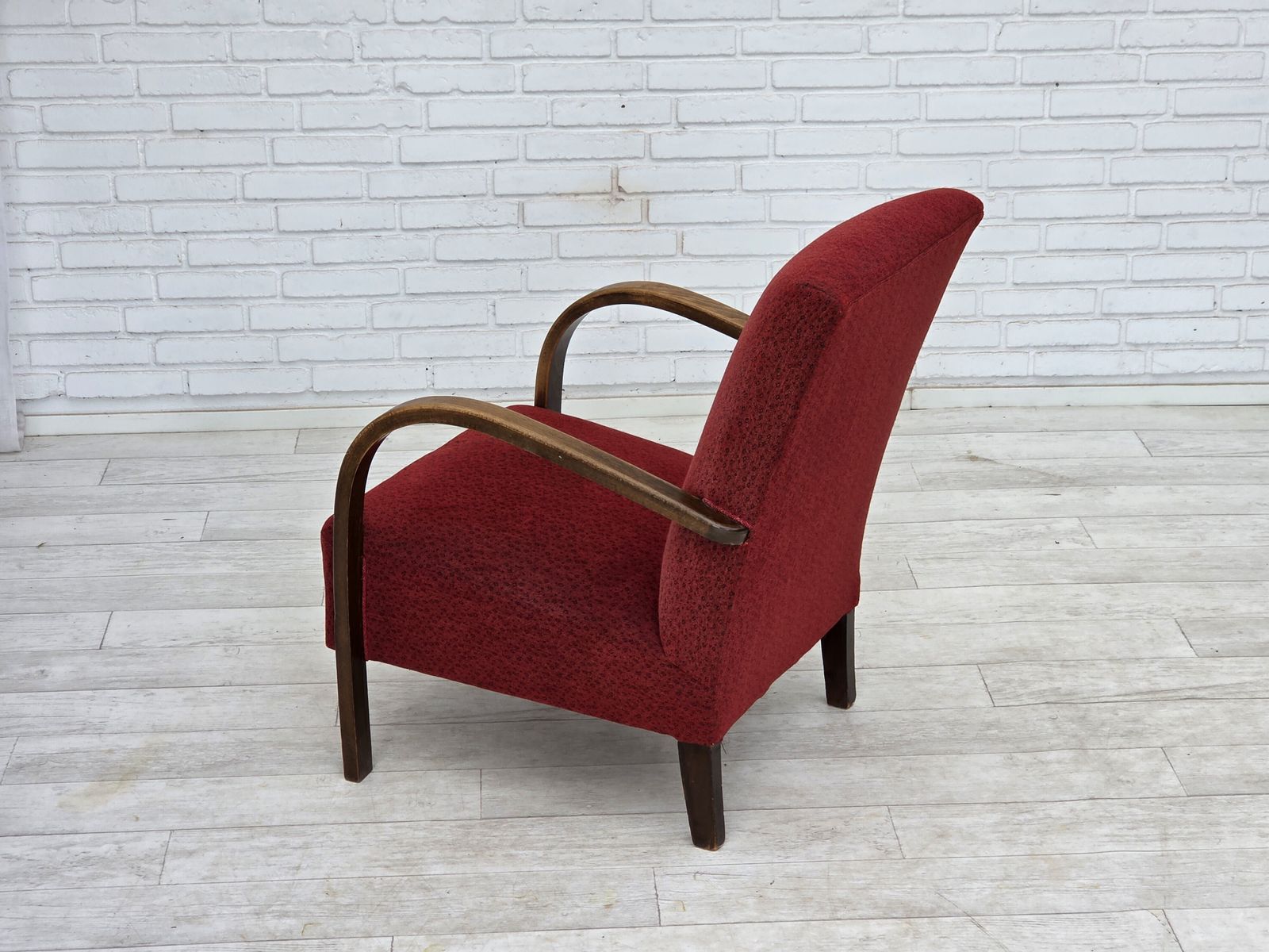 850.0 1950s, Danish Art Deco Armchair, Original Red Furniture Wool, Beech Wood. photo