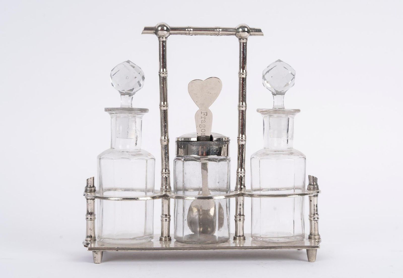 Oil And Vinegar Cruets With A Matching Mustard Jar, Made Of Silver Plated Metal. photo 1048.0
