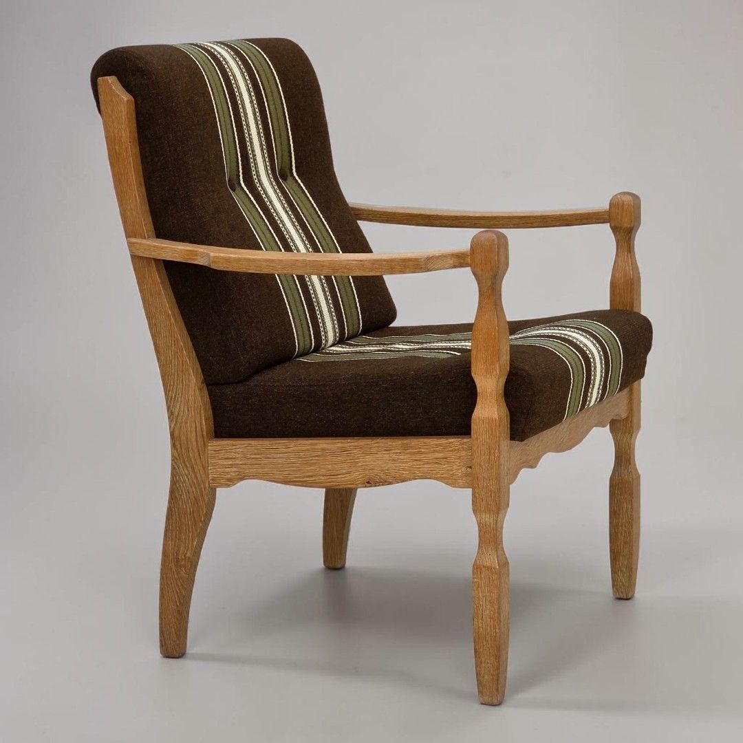 1970s, Danish Armchair, Original Striped Furniture Wool, Carved Oak Wood.