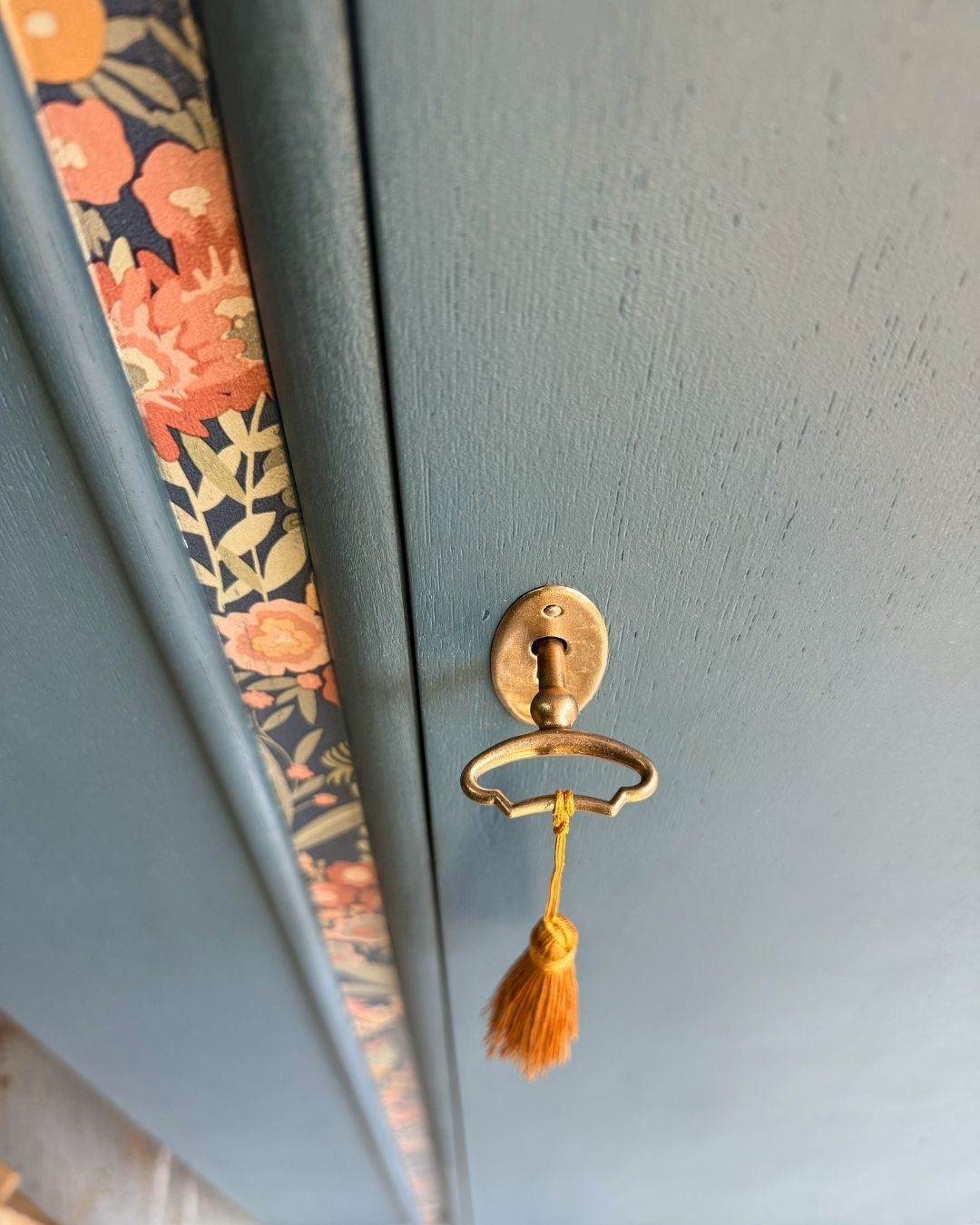 Unique Vintage Mid Century Lebus Wardrobe | Hand Painted In Homestead Blue With Floral Interior photo buy