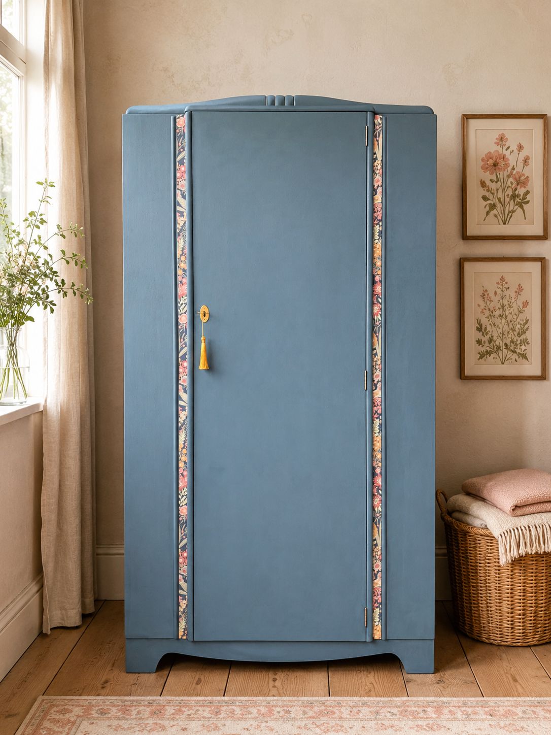 Unique Vintage Mid Century Lebus Wardrobe | Hand Painted In Homestead Blue With Floral Interior