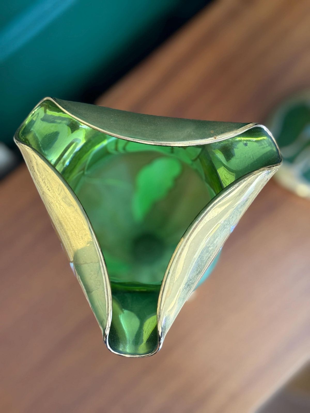 Pair Of Antique Art Deco Mont Joye Tulip Vases Green Gold photo for sale