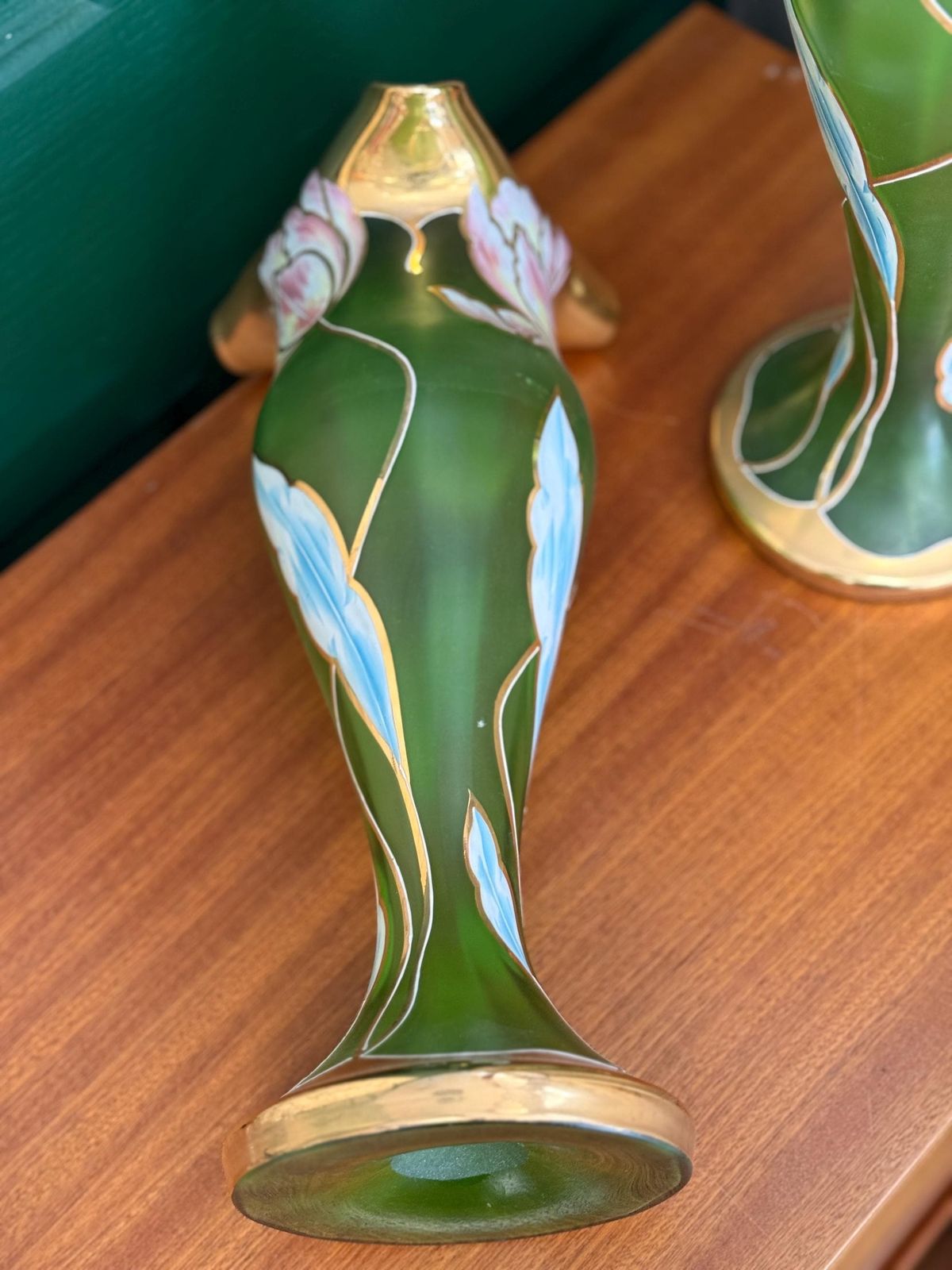 Pair Of Antique Art Deco Mont Joye Tulip Vases Green Gold photo Home Decor