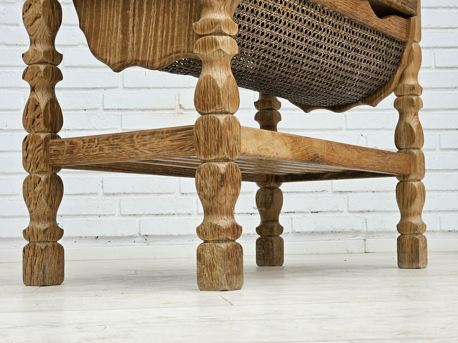 1970s, Scandinavian Sewing Table, Solid Oak Wood, Rattan. photo vinterior