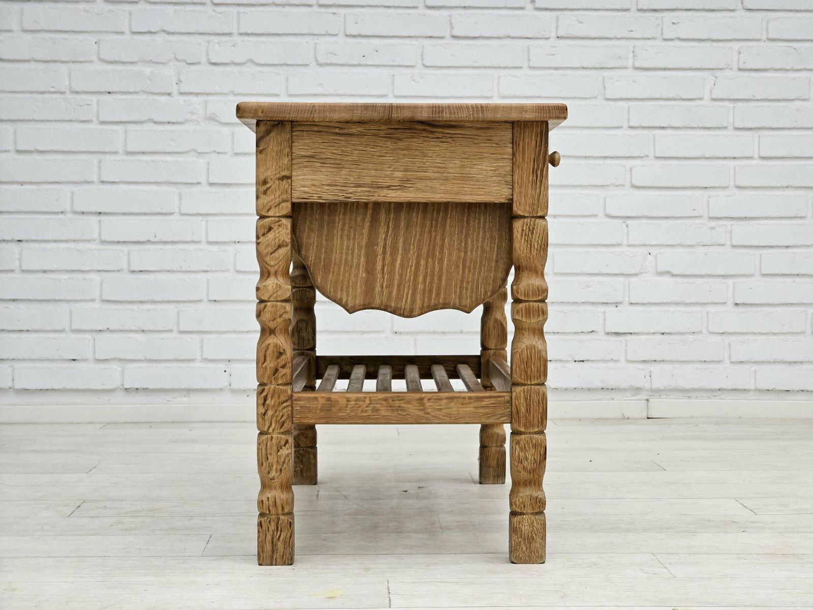 photo furniture 1970s, Scandinavian Sewing Table, Solid Oak Wood, Rattan.