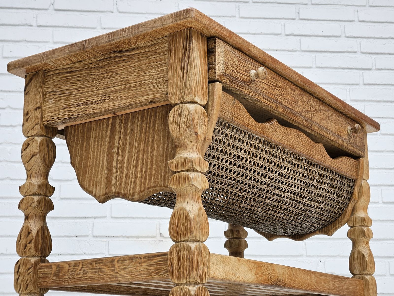 690.0 1970s, Scandinavian Sewing Table, Solid Oak Wood, Rattan. photo