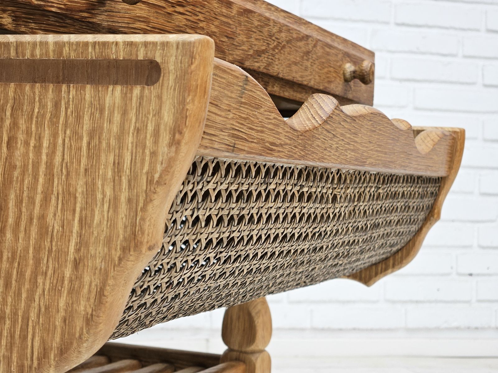photo buy 1970s, Scandinavian Sewing Table, Solid Oak Wood, Rattan.