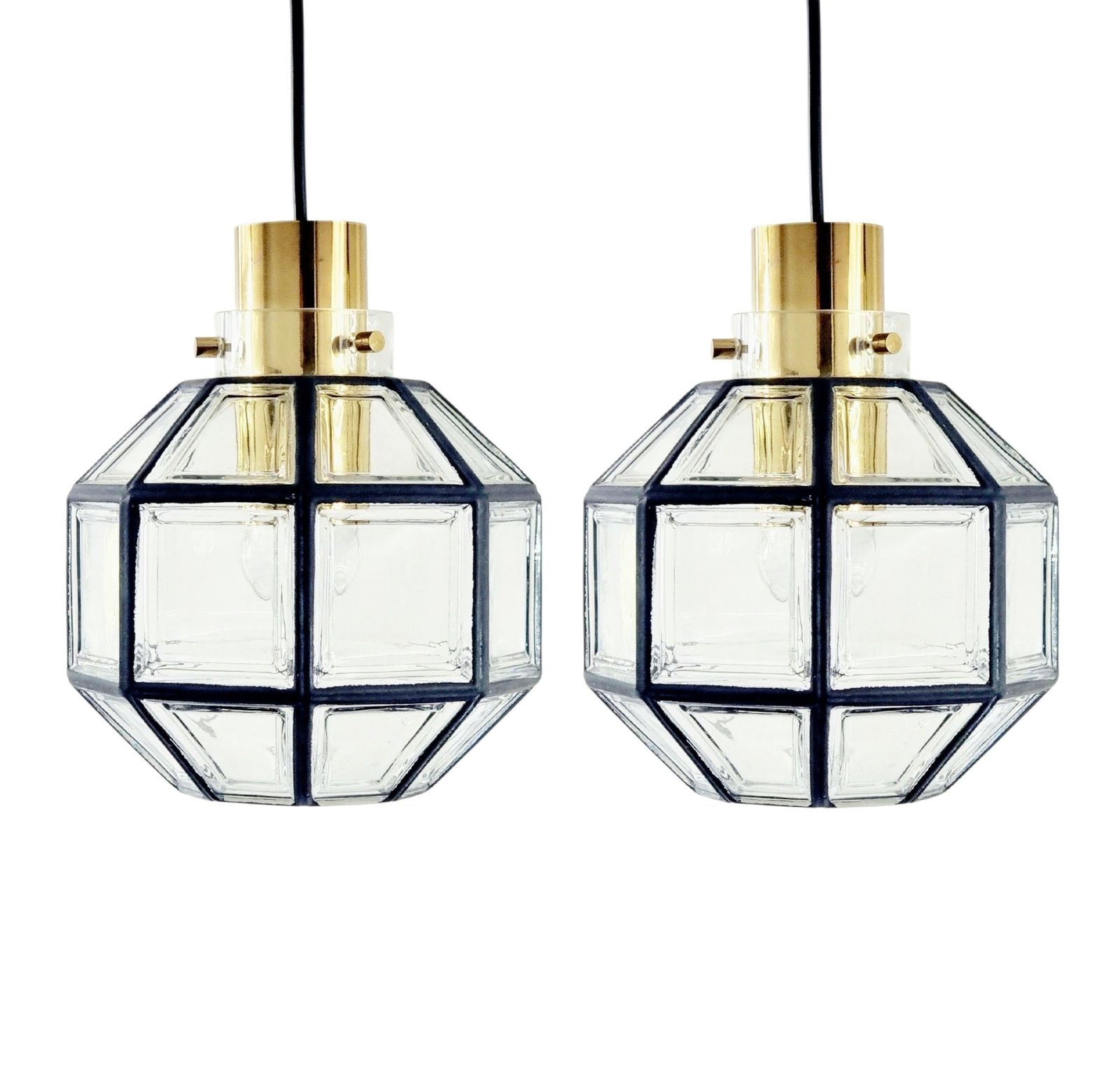 1 Of 2 Mid Century Glass & Brass Pendant Lights From Limburg, Germany, 1960s