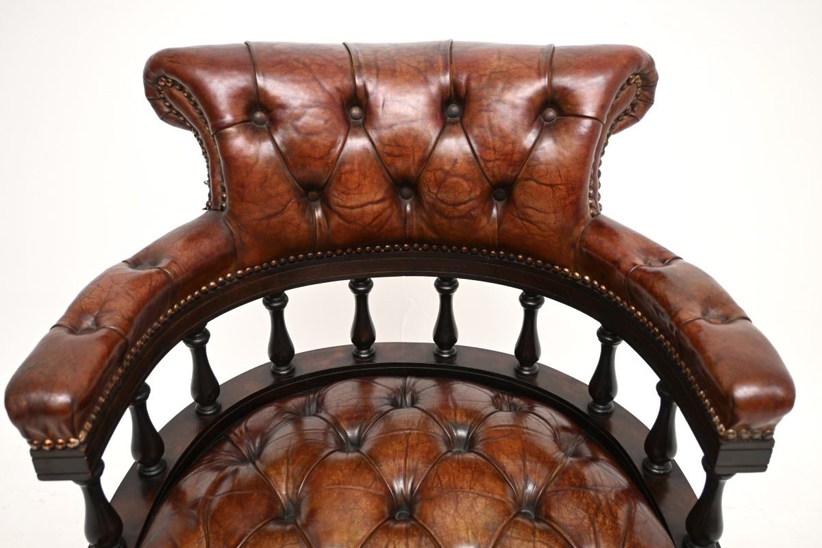 Antique Leather And Mahogany Swivel Captains Desk Chair photo vintage